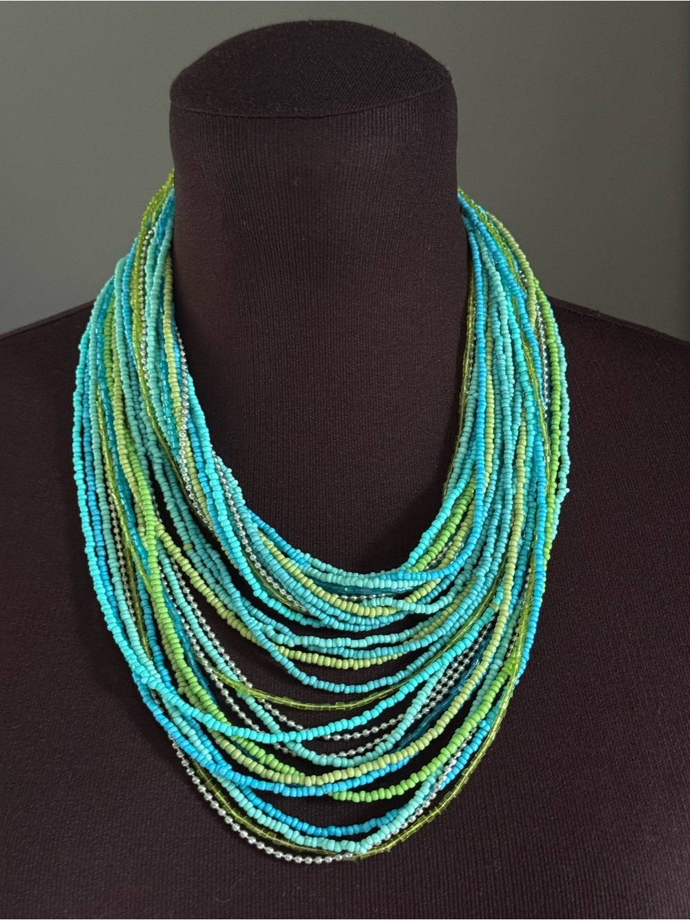 Chico’s Multistrand Blue Green Seed Bead Statement Necklace